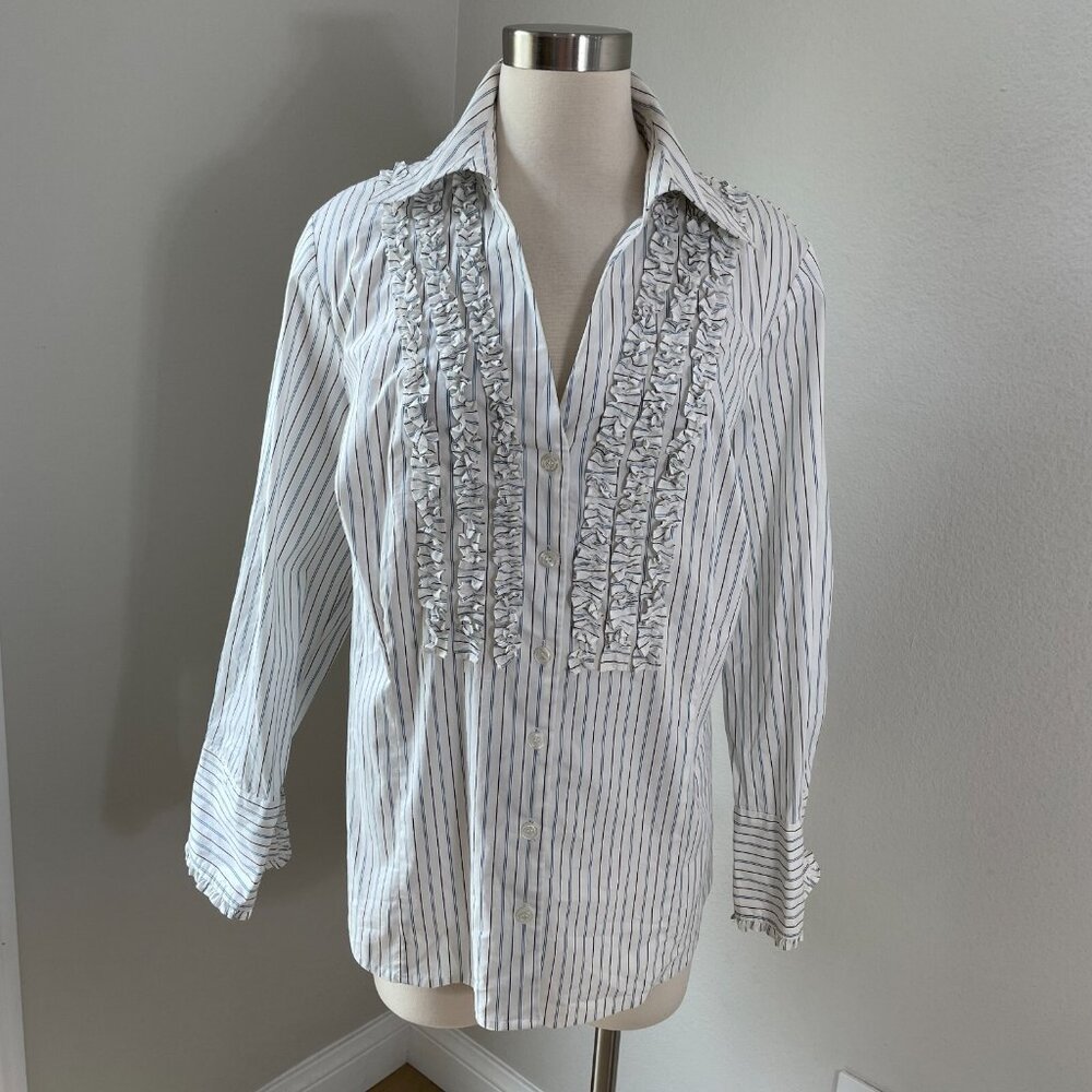INC International Womens Plus 18W Button Up Ruffle Dress Shirt Striped Blouse
